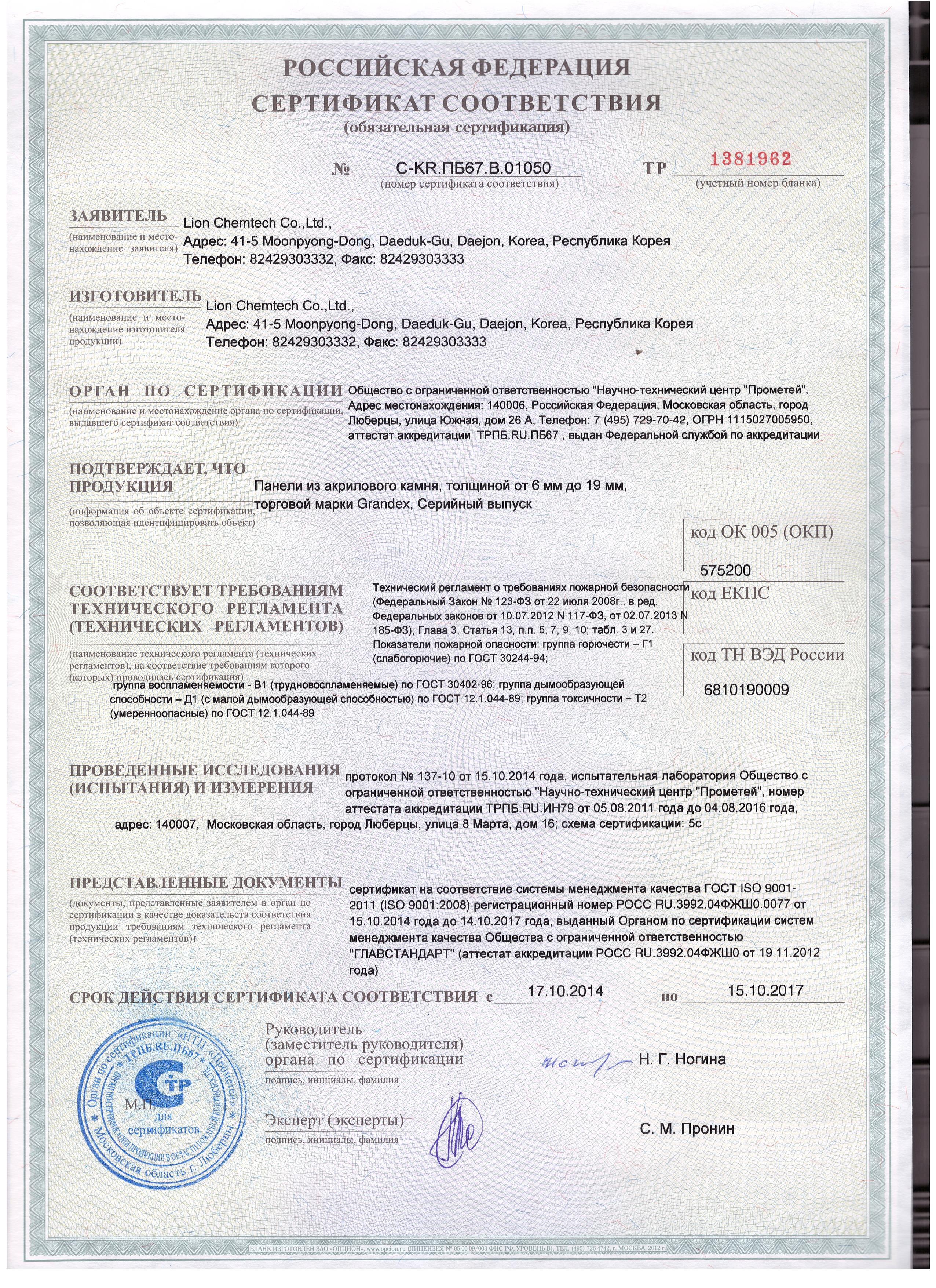 Grandex сертификат пожарной безопасности